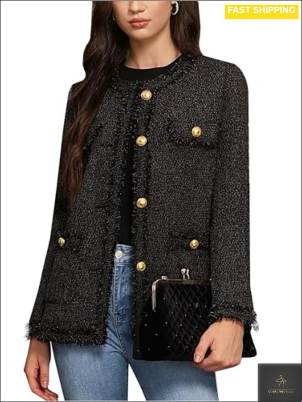 Women's Tweed Blazer Collarless Long Jacket with Pockets Polyester